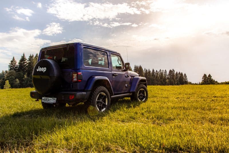 A Blue Jeep Wrangler Parked In A Grassy Field.